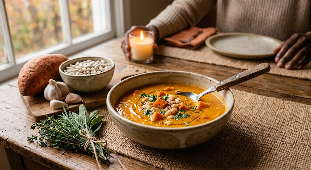 Creamy white bean and sweet potato soup served as a cozy fall meal