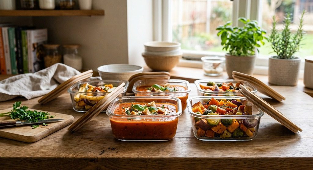Portioned homemade soup and roasted vegetables for easy meal prep