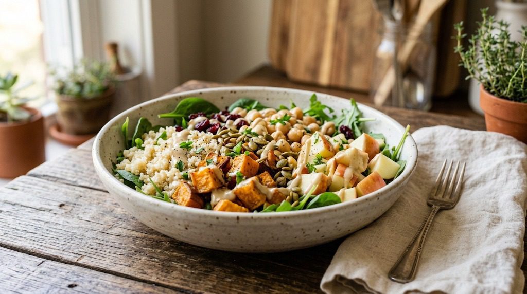 Harvest chickpea and quinoa bowl with roasted sweet potatoes, sliced apple, leafy greens, pumpkin seeds, and tahini dressing.