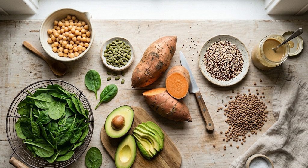 Chickpeas, quinoa, lentils, sweet potatoes, greens, avocado, tahini, and pumpkin seeds for building balanced meals.