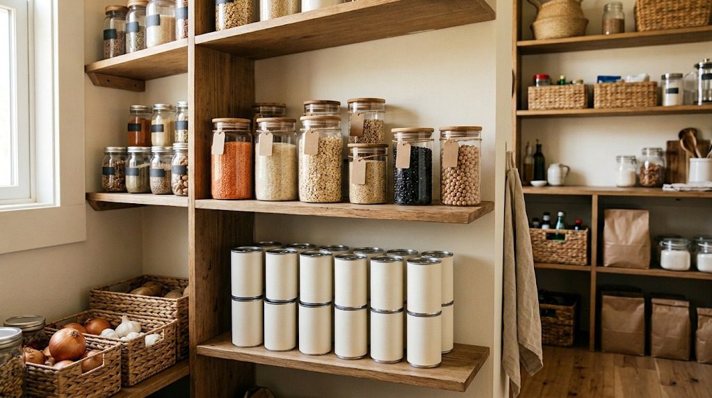 Dry lentils, rice, oats, pasta, and canned foods stored neatly in a clean, organized home pantry.