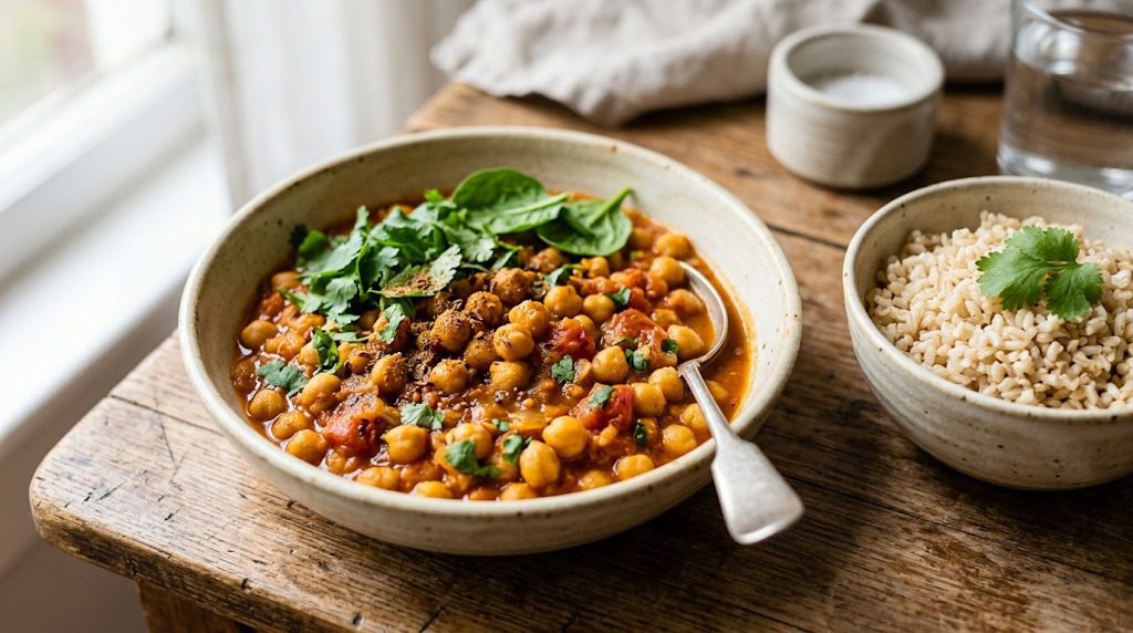 Homemade chickpea tomato curry with a spiced tomato sauce, chickpeas, leafy greens, and brown rice.