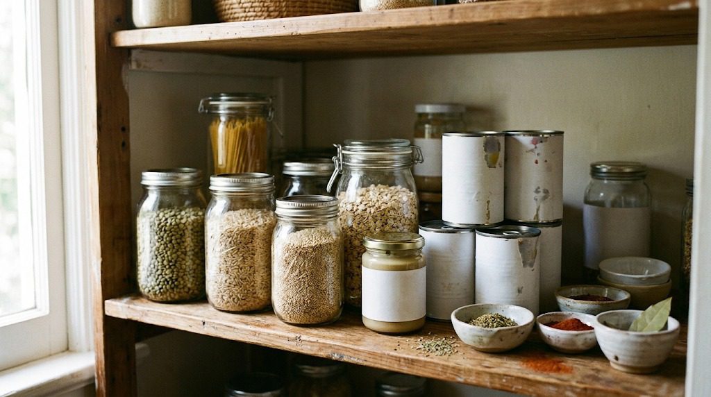 Pantry staples including lentils, brown rice, quinoa, oats, chickpeas, canned tomatoes, pasta, tahini, and spices.