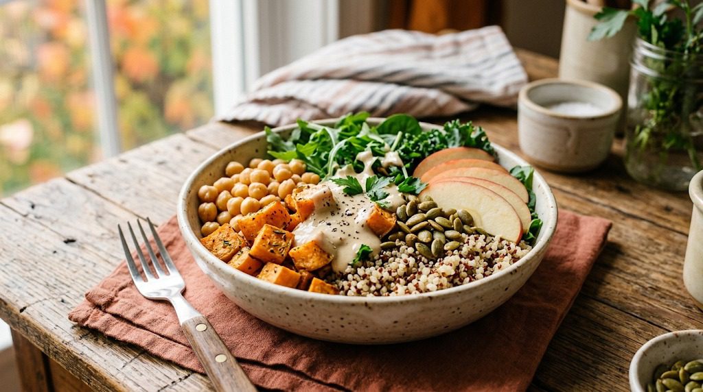 Quinoa bowl with chickpeas, roasted sweet potatoes, fresh greens, apple, and pumpkin seeds.
