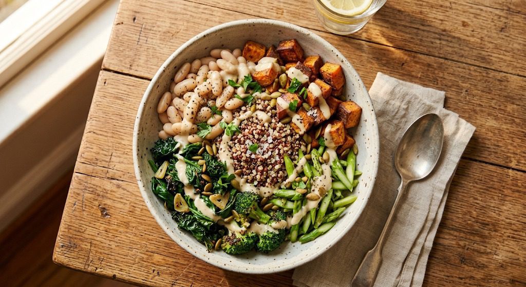Simple grain bowl with beans roasted vegetables and greens