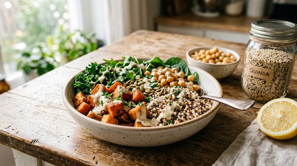 Quinoa and chickpea bowl with vegetables and tahini dressing made from simple pantry ingredients.