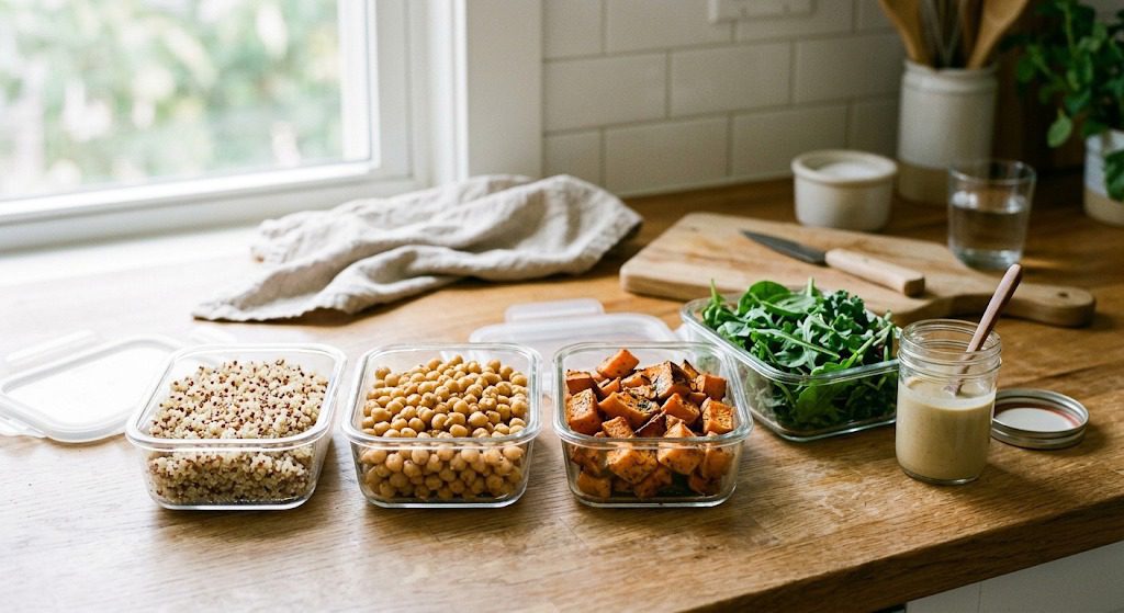 Cooked quinoa, chickpeas, and roasted sweet potatoes portioned into food-storage containers for easy meal preparation.
